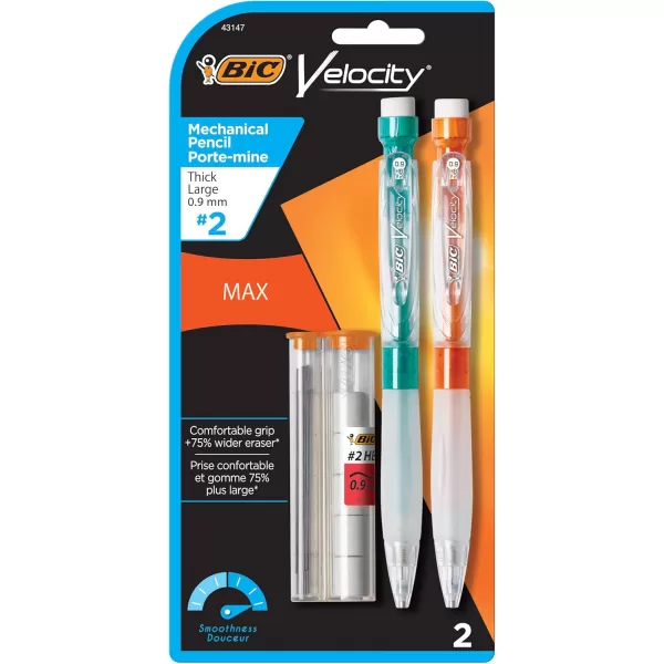 BIC Velocity Max Mechanical Pencils With Colorful Barrel Medium Point 07mm 2Count Pack Mechanical Pencils With Erasers and Lead RefillsBlack