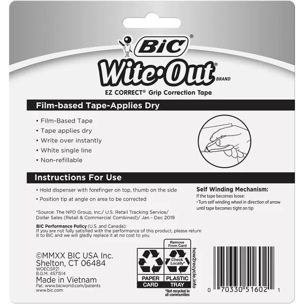 BIC WiteOut Brand EZ Correct Grip Correction Tape 335 Feet 2Count Pack of white Correction Tape Fast Clean and Easy to Use TearResistant Tape Office or School Supplies