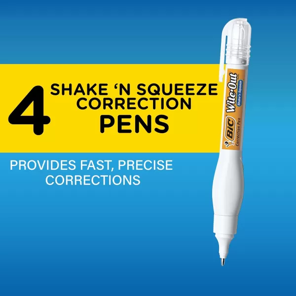 BIC WiteOut Brand Shake n Squeeze Correction Pen 8 ML Correction Fluid 4Count Pack of white Correction Pens Fast Clean and Easy to Use Office or School SuppliesCorrection Pen