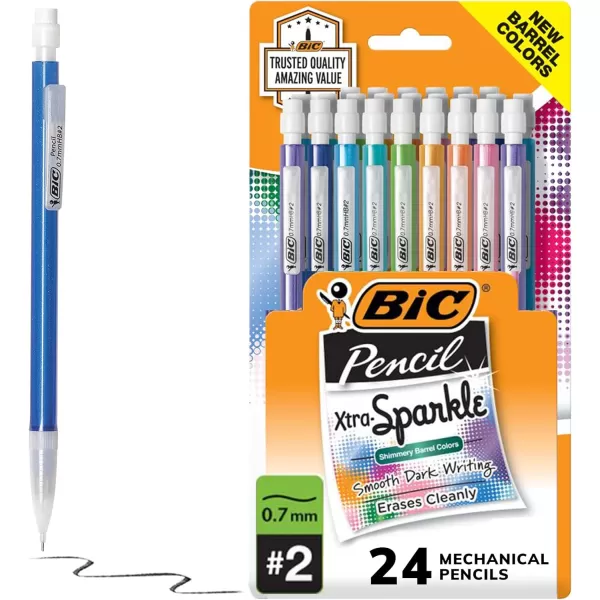 BIC XtraSparkle Number 2 Mechanical Pencils With Erasers MPLP241BLK Medium Point 07mm 24Count Pack Cute Mechanical Pencils For Girls Boys and Adults Barrel Colors May Vary07mm