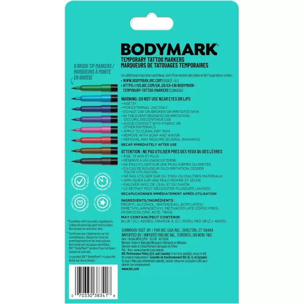 BODYMARK Temporary Tattoo Markers 8Count Color Collection SkinSafe ampamp Cosmetic Quality CrueltyFree LongLasting Flexible Brush Tip Stencils Included