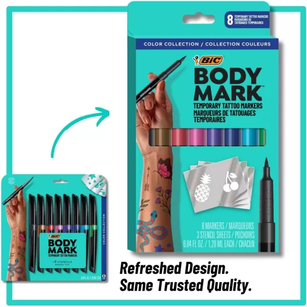 BODYMARK Temporary Tattoo Markers 8Count Color Collection SkinSafe ampamp Cosmetic Quality CrueltyFree LongLasting Flexible Brush Tip Stencils Included