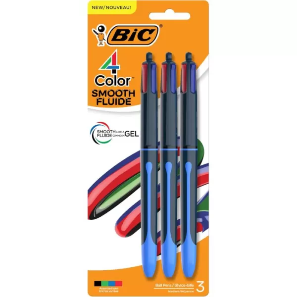 BIC 4Color Smooth Retractable Ballpoint Pens Medium Point 10mm 3Count Pack Colored Pens with LongLasting Ink3Count Pack of 1