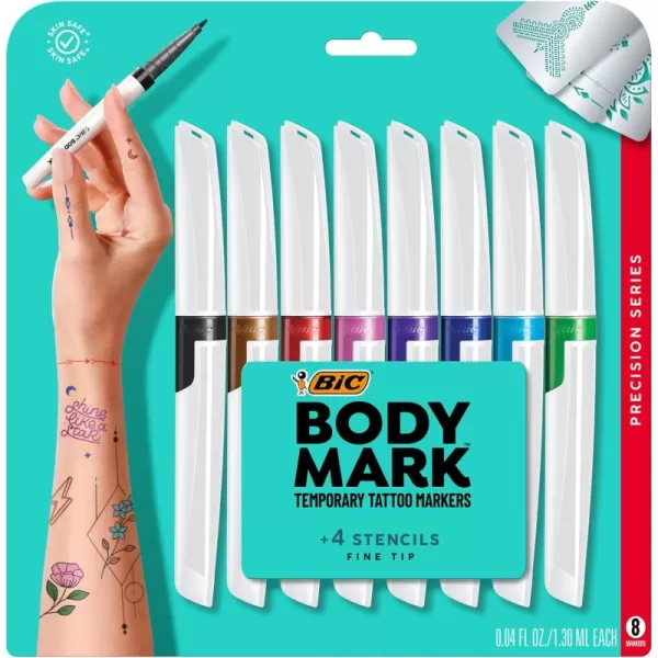BIC BodyMark Temporary Tattoo Markers for Skin Precision Series Fine Tip 8Count Pack of Assorted Colors SkinSafe Cosmetic Quality