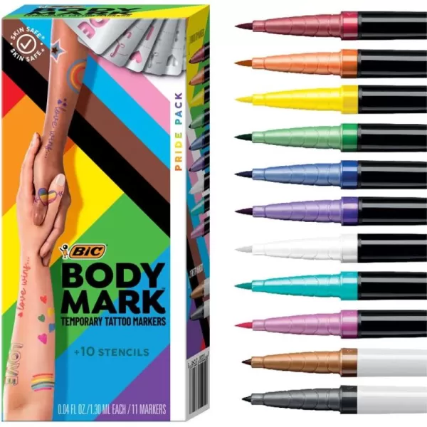 BIC BodyMark Temporary Tattoo Markers for Skin Pride Pack Flexible Brush Tip 11Count Pack of Assorted Colors SkinSafe Cosmetic Quality