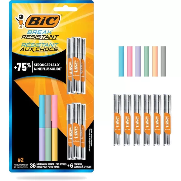 BIC Break Resistant Mechanical Pencil Lead and Eraser Refills No 2 Medium Point 07mm 12Count Refill Pack for School or Office Supplies