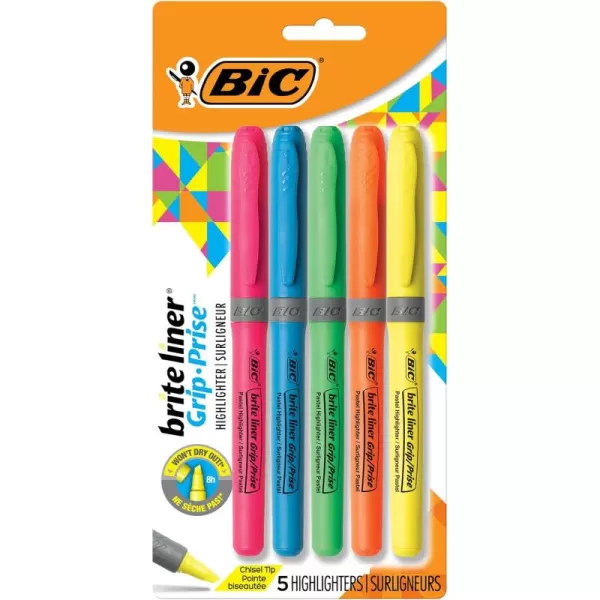 BIC Brite Liner Grip Highlighter Chisel Tip 16 mm Assorted Colors For Broad Highlighting ampamp Fine Underlining 5Count