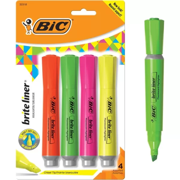 BIC Brite Liner Highlighter with Rubber Grip Chisel Tip Assorted Pack of 4  BLMGP41AASTAssorted