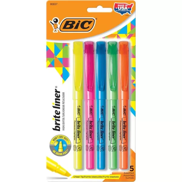 BIC Brite Liner Highlighters Chisel Tip 5Count Pack of Highlighters Assorted Colors Ideal Highlighter Set for Organizing and ColoringAssorted Colors