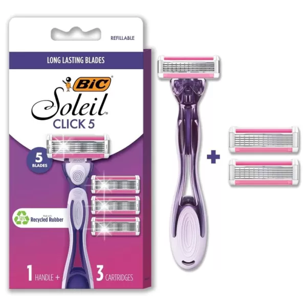 BIC Click 5 Soleil Womens Disposable Razors 5 Blades With a Moisture Strip For a Smoother Shave 1 Handle and 3 Cartridges 4 Piece Razor SetSystem