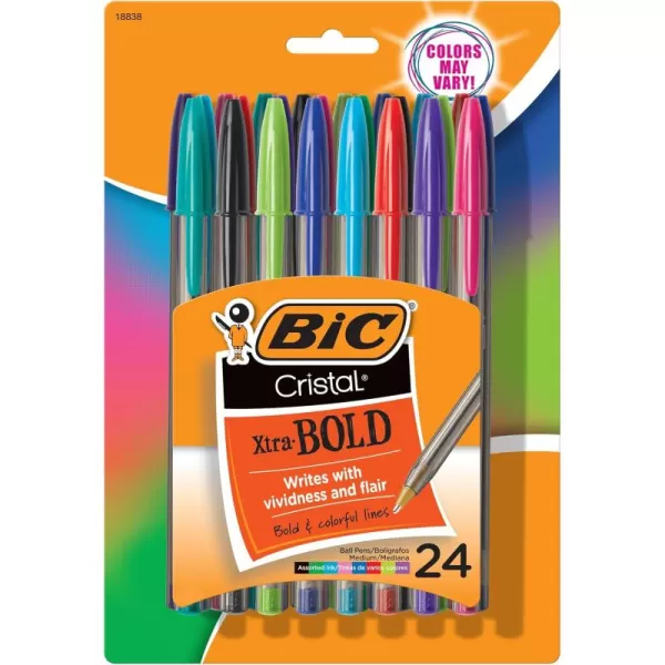 BIC Cristal Xtra Bold Ballpoint Pens Bold Point 16mm For Vivid And Dramatic Lines Assorted Colors 24Count PackAssorted
