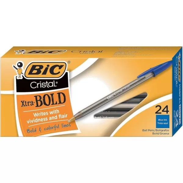 BIC Cristal Xtra Bold Ballpoint Pens Bold Point 16mm For Vivid And Dramatic Lines Assorted Colors 24Count PackBlue