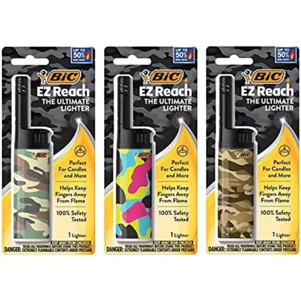 BIC EZ Reach Candle Lighter The Ultimate Lighter with Extended Wand for Grills and Firepits 145inch Camouflage Lighters 3 Count Pack Assortment of Designs May Vary