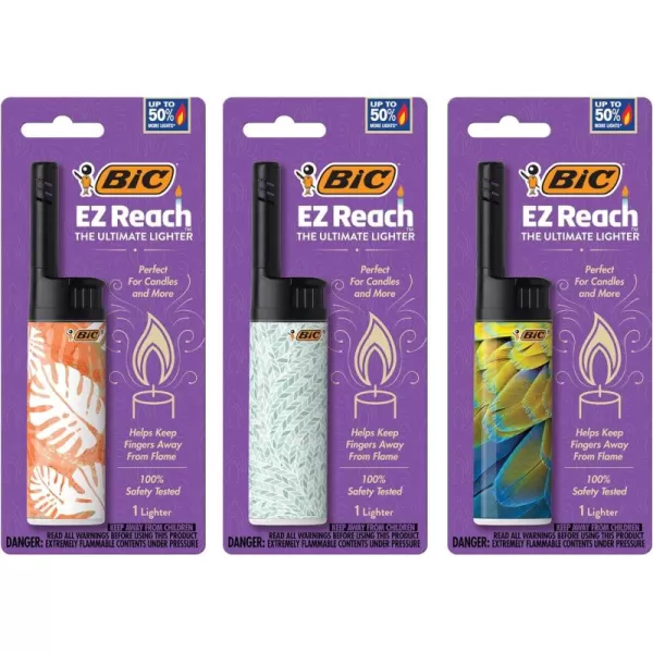 BIC EZ Reach Candle Lighter The Ultimate Lighter with Wand for Candles Assorted Home Decor Designs 3 Count Pack of Long Lighters