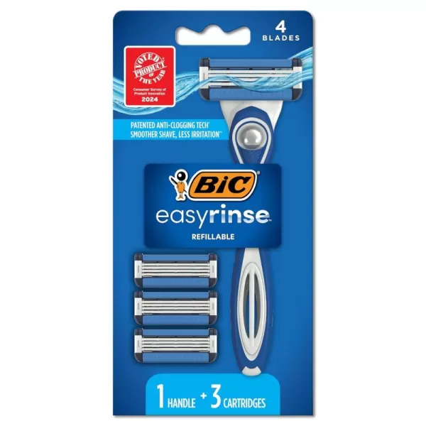 BIC EasyRinse AntiClogging Refillable Mens Razors With 4 Blades 1 Handle and 9 Refill Razor Cartridges Razor KitAssorted