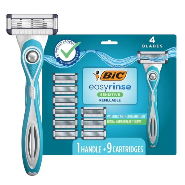 BIC EasyRinse Sensitive AntiClogging Refillable Mens Razors With 4 Blades 1 Handle and 9 Refill Razor Cartridges Razor Kit