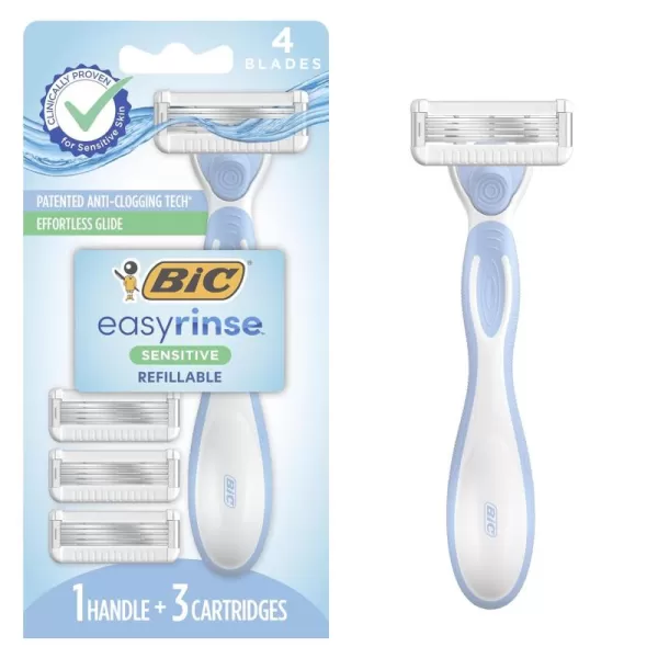 BIC EasyRinse Sensitive AntiClogging Refillable Womens Razors With 4 Blades 1 Handle and 9 Refill Razor Cartridges Razor KitAssorted
