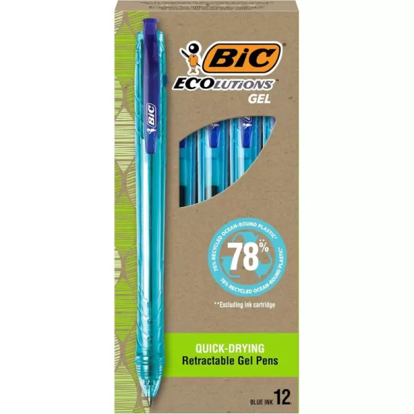 BIC Ecolutions OceanBound Plastic Gel Pens Medium Point 10mm 12Count Pack Retractable Blue Ink Pens Made from 78 OceanBound Recycled Plastic Excluding Ink CartridgeBlue Ink