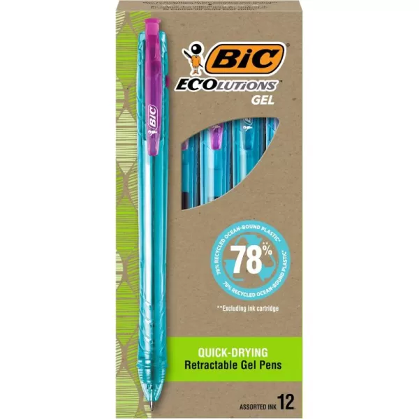 BIC Ecolutions OceanBound Plastic Gel Pens Medium Point 10mm 12Count Pack Retractable Blue Ink Pens Made from 78 OceanBound Recycled Plastic Excluding Ink CartridgeAssorted Ink