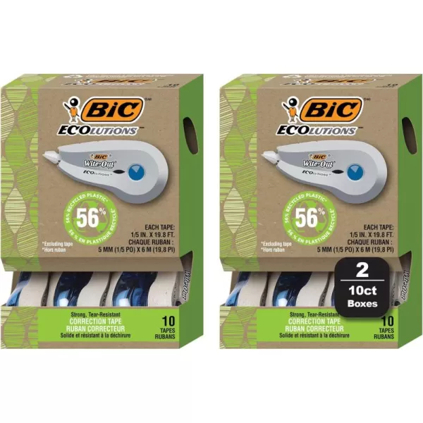 BIC Ecolutions WiteOut Brand Correction Tape 198 Feet 20Count Pack Correction Tape Made from 56 Recycled Plastic Excluding Tape