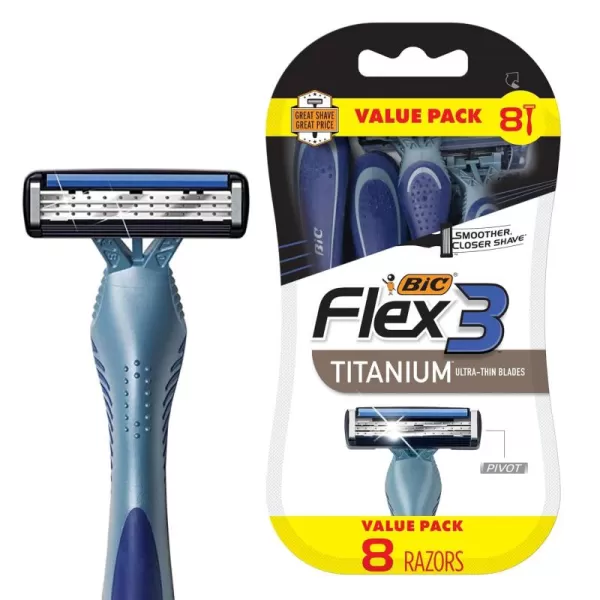 BIC Flex 3 Titanium Mens Disposable Razors With 3 Blades Ideal Razor For Face and Body Shaving 8 Piece Razor Kit for Men8 Count Pack of 1