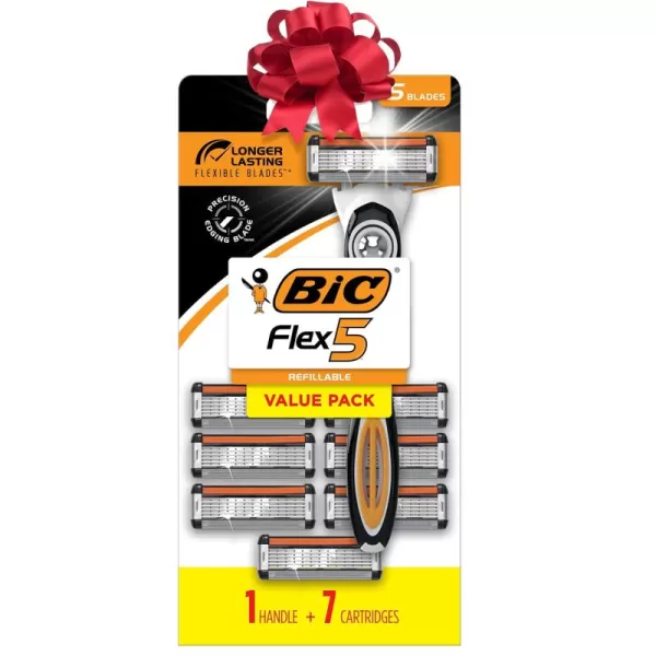 BIC Flex 5 Refillable Mens Holiday Shaving Kit 5Blade Razors 1 Handle and 7 Cartridges 8Piece Gift Set Perfect Stocking Stuffer for Sensitive SkinBlackWhiteOrange