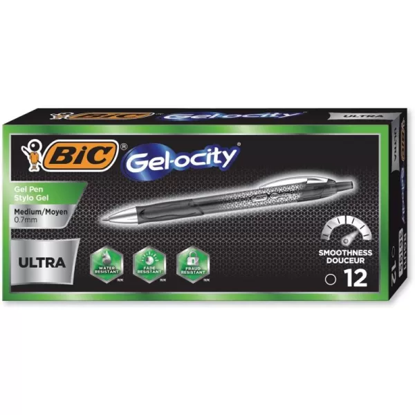 BIC GelOcity Ultra Gel Pens Medium Point Retracable 07mm Black Ink Gel Pen 12Count