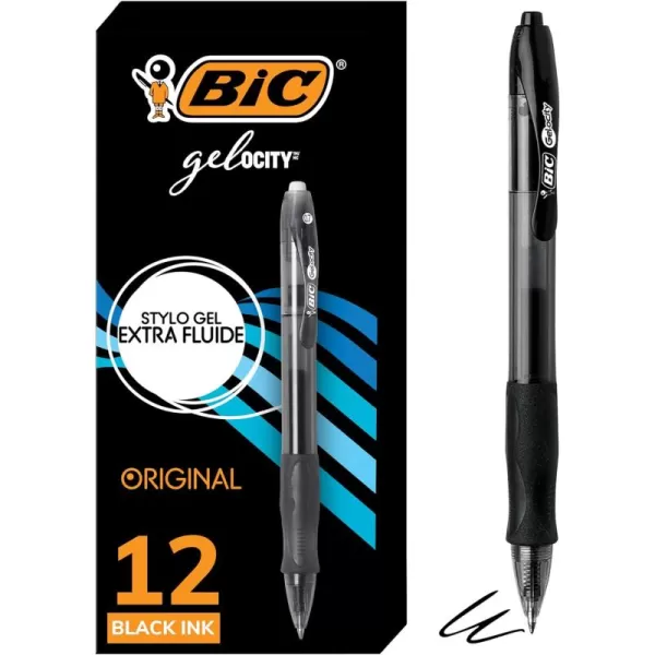 BIC Gelocity Original Black Gel Pens Medium Point 07mm 12Count Pack Retractable Gel Pens With Comfortable Grip