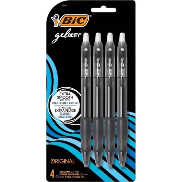 BIC Gelocity Original Black Gel Pens Medium Point 07mm 4Count Pack Retractable Gel Pens With Comfortable Grip