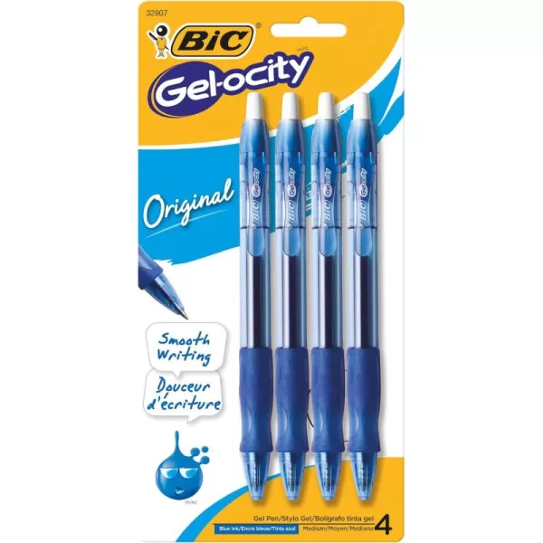 BIC Gelocity Original Blue Gel Pens Medium Point 07mm 4Count Pack Retractable Gel Pens With Comfortable Grip