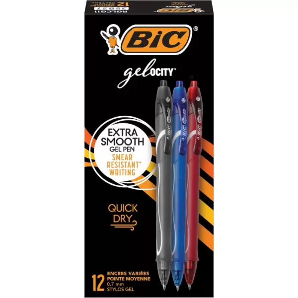 BIC Gelocity Quick Dry Assorted Colors Gel Pens Medium Point 07mm 12Count Pack Retractable Gel Pens With Comfortable Full Grip