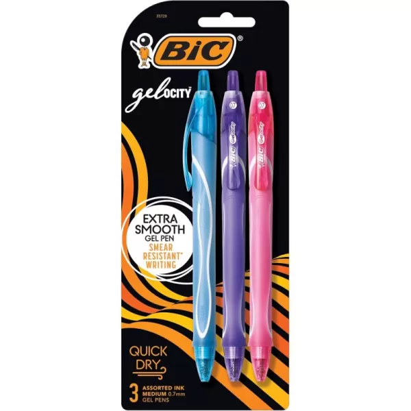 BIC Gelocity Quick Dry Assorted Colors Gel Pens Medium Point 07mm 3Count Pack Retractable Gel Pens With Comfortable Full GripAssorted  Fashion