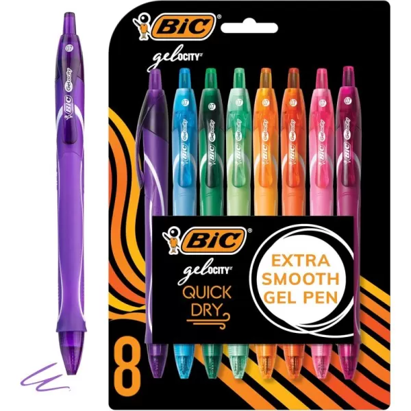 BIC Gelocity Quick Dry Assorted Colors Gel Pens Medium Point 07mm 8Count Pack Retractable Gel Pens With Comfortable Full Grip1 Count Pack of 8