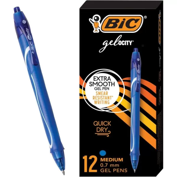 BIC Gelocity Quick Dry Blue Gel Pens Medium Point 07mm 12Count Pack Retractable Gel Pens With Comfortable Full GripBlue