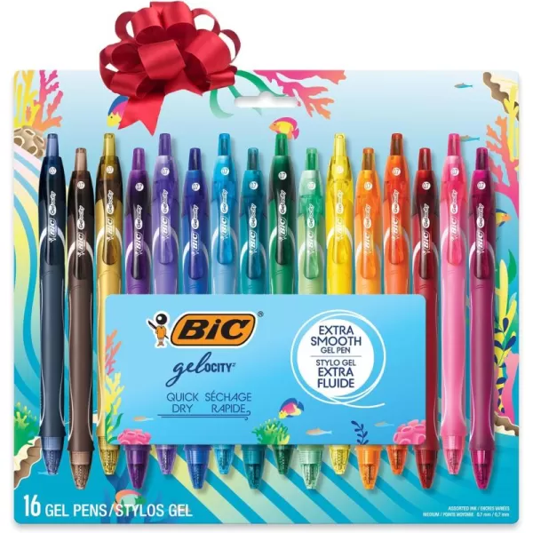 BIC Gelocity Quick Dry Ocean Themed Gel Pens FastDrying Ink and Comfortable Full Barrel Grip Medium Point 07mm 16Count Gift Set in Assorted ColorsPens