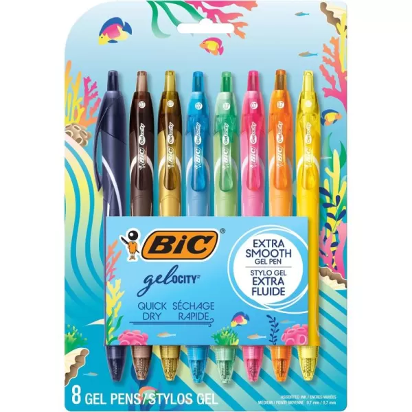 BIC Gelocity Quick Dry Ocean Themed Gel Pens Medium Point 07mm 8Count Gel Pen Set Assorted Colors May Vary Colored Gel Pens for Note Taking and Journaling