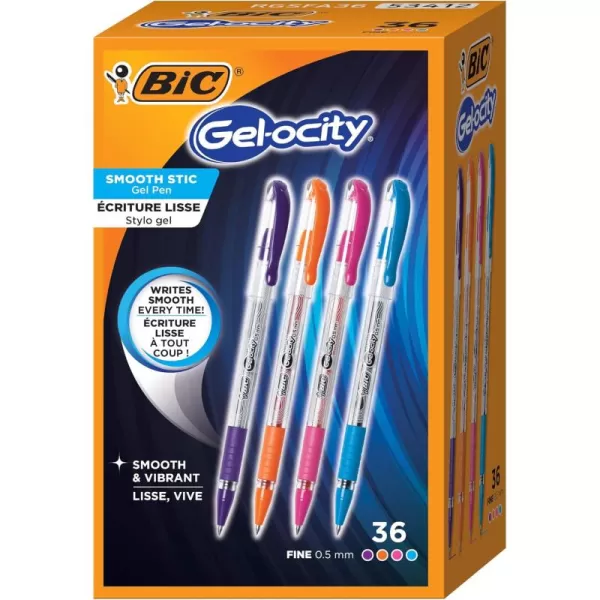 BIC Gelocity Smooth Stic Gel Pen Fine Point 05mm Assorted Colors 36Count Vibrant and Smooth Gel Ink PensAssorted Fashion