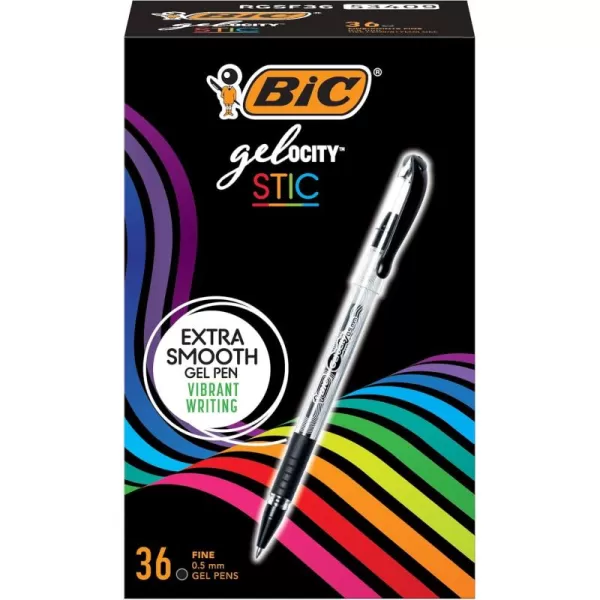 BIC Gelocity Smooth Stic Gel Pen Fine Point 05mm Assorted Colors 36Count Vibrant and Smooth Gel Ink PensBlack