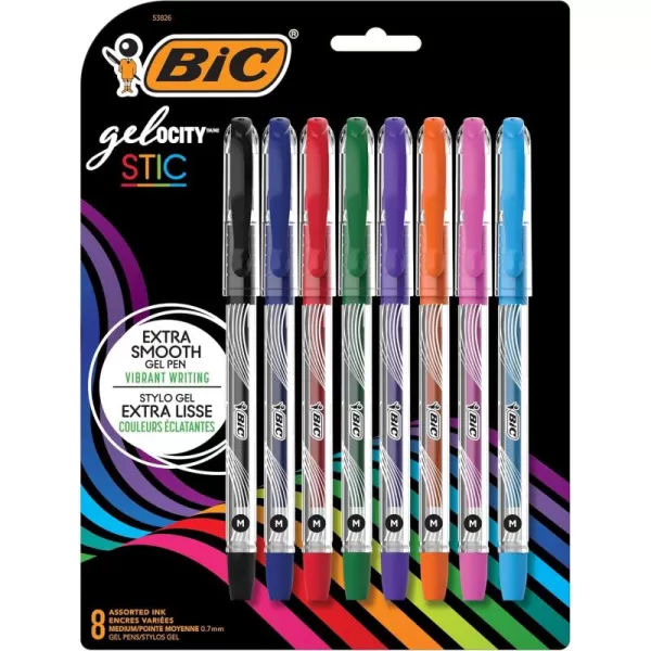BIC Gelocity Smooth Stic Gel Pen Medium Point 07mm Assorted Colors 8Count Vibrant and Smooth Gel Ink Pens