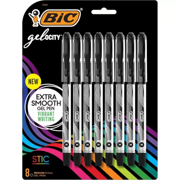 BIC Gelocity Smooth Stic Gel Pen Medium Point 07mm Black Ink 8Count Vibrant and Smooth Gel Ink Pens