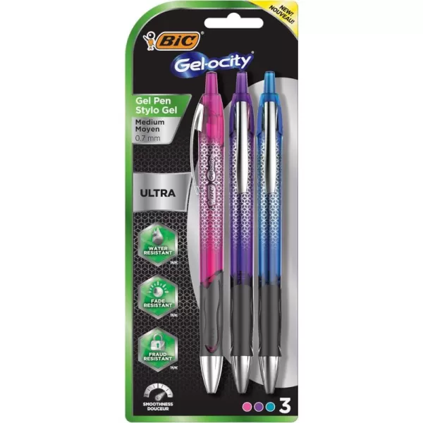 BIC Gelocity Ultra Retractable Gel Pen Medium Point 07mm Assorted Colors Premium Design ampamp Comfortable Grip 3CountFashion