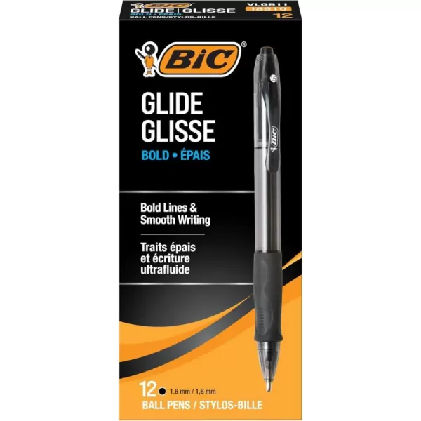 BIC Glide Bold Black Ballpoint Pens Bold Point 16mm 12Count Pack Retractable Ballpoint Pens With Comfortable Full Grip