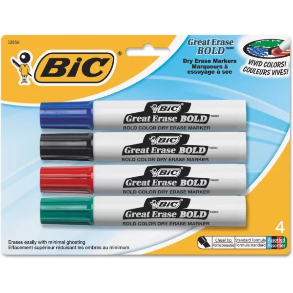 BIC Great Erase BOLD Dry Erase Marker Tank Style Chisel Tip Assorted Colors 4Count