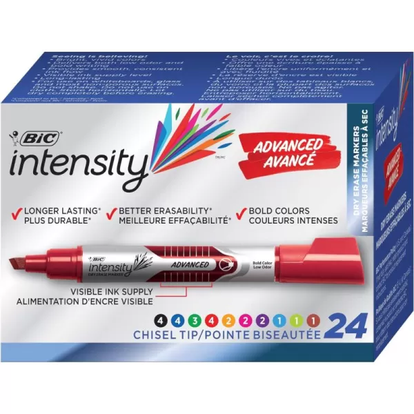 BIC Intensity Advanced Colorful Dry Erase Markers Chisel Tip 24Count Pack of Assorted Colors Whiteboard Markers for Teachers and Office SuppliesAssorted