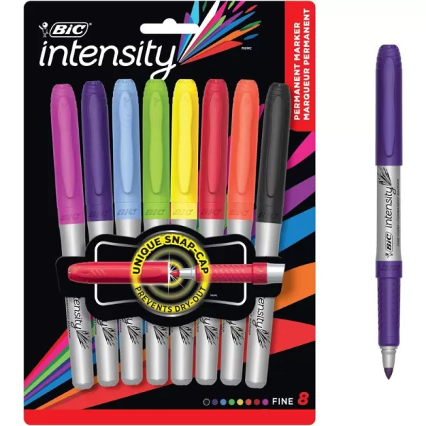 BIC Intensity Assorted Colors Fashion Permanent Markers Fine Point 8Count Pack of Color Markers With NonSlip Grip for Comfort and Control