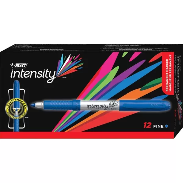 BIC Intensity Blue Permanent Markers Fine Point 12Count Pack of Blue Markers With NonSlip Grip for Comfort and Control
