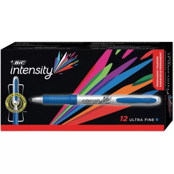 BIC Intensity Blue Permanent Markers Ultra Fine Point 12Count Pack of Blue Markers With NonSlip Grip for Comfort and Control
