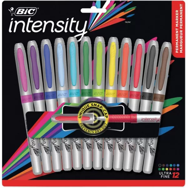 BIC Intensity Fashion Permanent Markers Ultra Fine Point Assorted Colors NonSlip Grip For Comfort ampamp Control 12Count