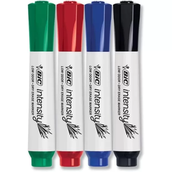 BIC Intensity Low Odor Dry Erase Markers Assorted Colors Chisel Tip 4Count Pack of Erasable Markers With LowOdor Ink for a Pleasant Writing ExperienceAssorted