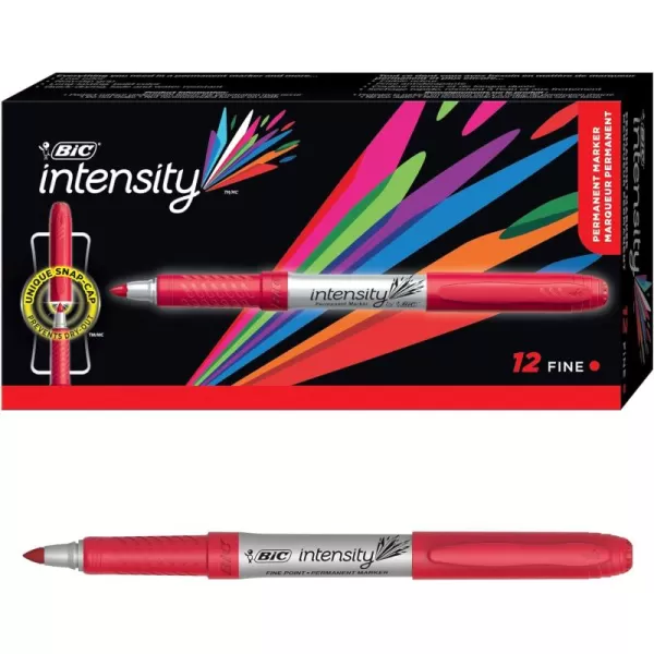 BIC Intensity Red Permanent Markers Fine Point 12Count Pack of Red Markers With NonSlip Grip for Comfort and ControlRed
